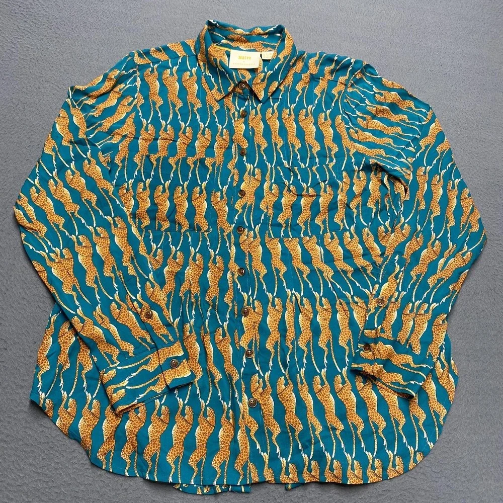 Maeve By Anthropologie Shirt Womens 8 Blue Leopard Button Front Long Sleeve - Picture 1 of 10